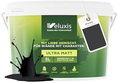 Veluxis Wandfarbe Schwarz Anthrazit Grau matt 5 L – Casual Caviar | Innenfarbe mit Deckkraft Klasse 1, VOC-frei, ohne Grundierung, tropfarm, für Wohnzimmer und Schlafzimmer