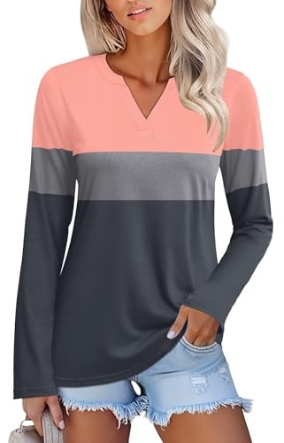 EFFAN Women's Long Sleeve T Shirts Ladies Casual Classic Contrasting Colors T Shirts V Neck Long Sleeve Tops Blouse T-Shirt Fall Tops for Women 2025