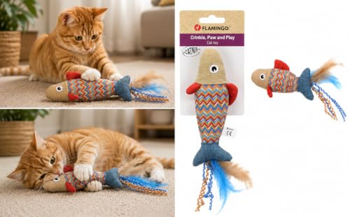 Flamingo Katzenspielzeug – Robla Fisch – 27cm – Textil – mit Knistergeräusch, Catnip, Bändern & Federn – bunt – Jagdinstinkt fördern