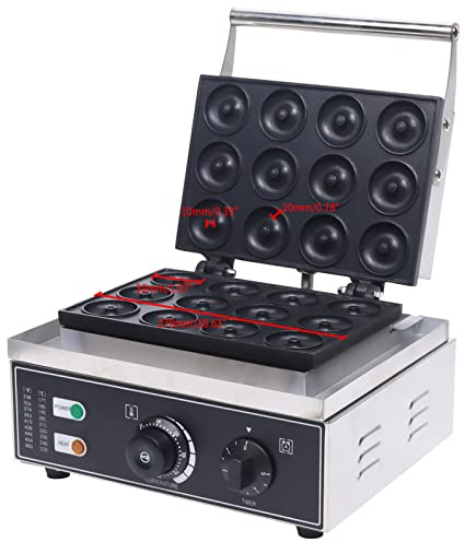 Donut Maker Elektrisch 1550W Donut-Maschine 12 Fächer Backautomat mit Edelstahl & Antihaftbeschichtung, 5 Minuten Donutbäcker 34*27*23 cm Edelstahl Donutmaschine für Haushalt & Gewerbe Krapfenmaschine
