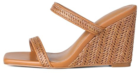 EQAUDES Womens Wedge Sandals Espadrilles Brown Heels - Minimalist, Slides, Square Toe, Two Strap, Beach Shoes, Vacation