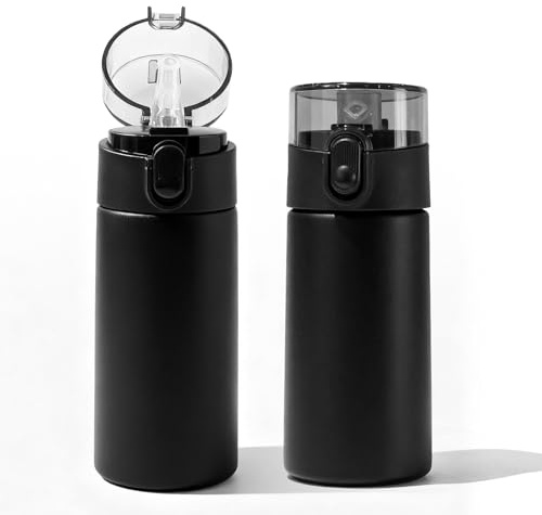 2 bottiglie piccole da 150 ml, mini thermos a doppia parete, in acciaio inox con cannuccia, cordino, borraccia portatile isolata sottovuoto per attività all'aperto, ufficio, viaggi (nero)