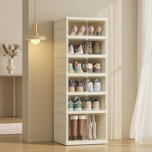 SONGMICS Scarpiera, Scaffale per Scarpe Slim, Organizer per Scarpe Pieghevole, Anta Trasparente, per 12 Paia, Stivali Sneaker, Ingresso Soggiorno, 6 Ripiani, Bianco Crema LSP912WD01