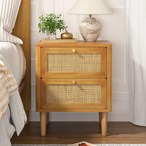 Yvsevnr Table de Chevet en Rotin Table d'appoint avec Pieds en Bois Massif Bohème Table de Nuit pour Salon, Chambre, Bureau, Entièrement Assemblé, Meuble de Rangement 45 x 40 x 55.5 CM