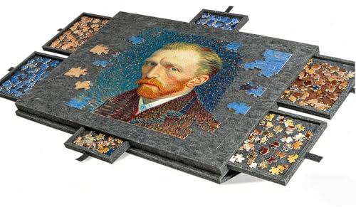Tavolo Puzzle Pieghevole con 6 Cassetti, Tavolo da Puzzle Portatile in Feltro Grigio Scuro per 1000 Pezzi, 77x53.6x4.2cm, per Conservazione e Trasporto