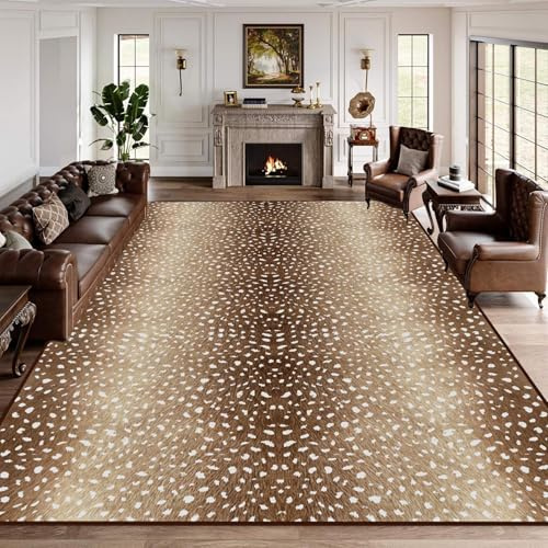 CRJMKS Premium Antelope Rug for Living Room, 4x5ft,Animal Print Machine Washable Carpet, Large Non-Shedding Non-Slip Rugs Soft Low-Pile Beige Brown Sheepskin Western Carpets for Bedroom
