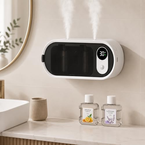 Aroma Diffuser kabellos mit Doppel-Zerstäubung Bewegungssensor & Timer, Tisch-und Wandmontage, Ohne Wasserbehälter, Raumduft Lufterfrischer Diffuser mit 100ml Duft für Bad Schlafzimmer Wohnzimmer Flur
