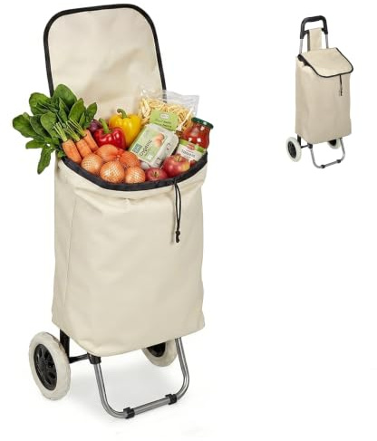 Relaxdays hopfällbar shoppingvagn, avtagbar väska 28 L, beige | Handvagn med hjul, mått HBT 92,5 x 42 x 28 cm