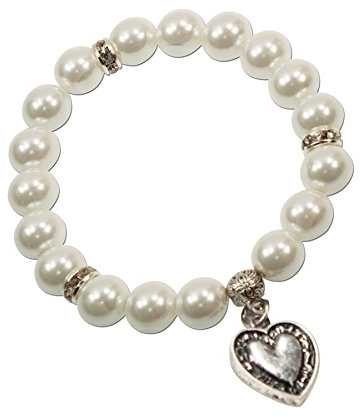 Alpenflüstern Perlen-Trachten-Armband Trachtenherz - Damen-Trachtenschmuck, elastische Trachten-Armkette, Perlenarmband Creme-weiß DAB015