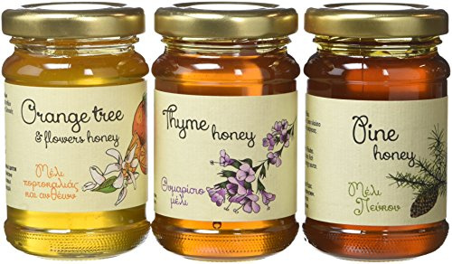 Melissokomiki Dodecanese Raw Greek Honey Gift Set – 3 x 130g | Raw unfiltered honey from Rhodes: thyme, pine & orange blossom. 100% Greek gift box, 3 jars. 390g total.