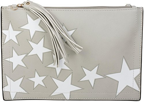 styleBREAKER Clutch mit Sterne Muster, Quasten Anhänger am Reißverschluss, Handschlaufe und Umhängegurt, Damen 02012075, Farbe:Hellgrau