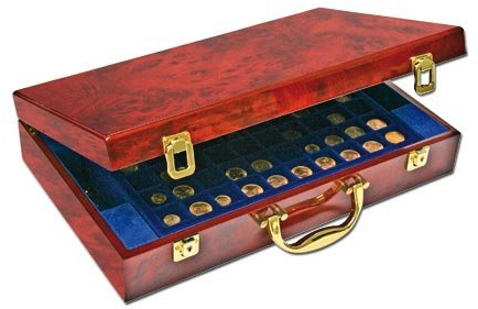 SAFE 169 Wurzelholz Münzkoffer für 300 Münzen + 6 königsblauen Tableaus - Format: 410 x 255 x 85 mm