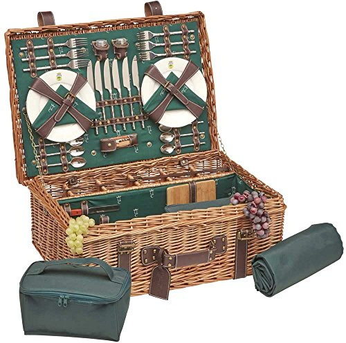 Les Jardins de la Comtesse - Baúl Cesta de Picnic Prestigio de Mimbre y Cuero, Champs-Elysées, Tejido Verde con Logotipo, para 6 Personas, Completo Con Dos Compartimientos Isotermicos, Mantel, Cubiertos, Platos de Porcelana, Copa