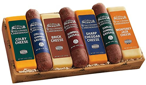 The Wisconsin Cheeseman Meat and Cheese Combo - Featuring Italian, Original and Garlic Summer Sausages, Colby, Brick, Sharp Cheddar, and Monterey Charcuterie Boards, Charcuterie Gift Basket Set