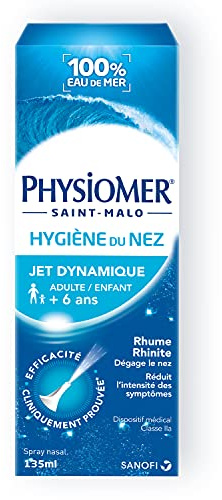 Physiomer Jet Dynamique - Spray nasal 100% eau de mer - Dispositif médical - Hygiène du nez - Dégage le nez - Facilite l’élimination du mucus - à partir de 6 ans - Format 135ml - Sans conservateur