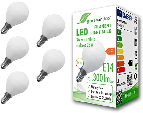 greenandco 5x CRI 90+ Glühfaden LED Lampe | matt | ersetzt 28 Watt E14 G45 Globe, 3W 300 Lumen | 2700K warmweiß | Filament Fadenlampe | 360° 230V AC | nicht dimmbar | flimmerfrei | 2 Jahre Garantie