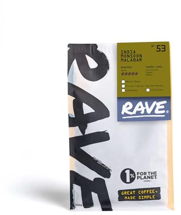 Rave Coffee - Indian Monsoon Malabar Nº 53 Single Origin, Cafetière Grind Freshly Roasted and Ground Coffee 250g