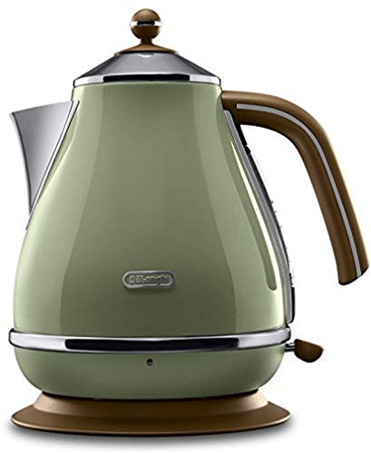 De'Longhi Wasserkocher Icona Vintage KBOV2001.GR - 1,7 l mit Wasserstandsanzeige und 360° Basis,Edelstahl in elegantem Retro Look mit Chrom-Details,2000 W, 23.01 x 23.01 x 26.49 cm,Olive