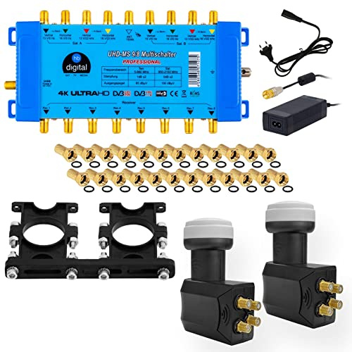 2 X quattro LNB professionale + Multi-switch pmse 9/8 HB-DIGITAL 9 X SAT fino 8 X utente/ricevitore per Full HDTV 3d 4 K UHD con alimentatore + 30 placcato oro connettore F in omaggio