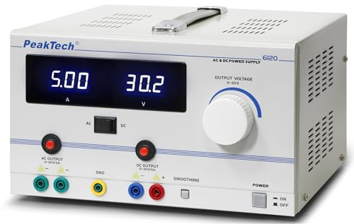 PeakTech, P6120, Fuente de alimentación estabilizada para Laboratorio 0-30V / 0-5A CA/CC, Fuente de alimentación Profesional para Laboratorio con Pantalla LED, Fuente de alimentación para Laboratorio