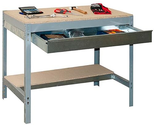 Simon Rack Arbetsbänk med låda, 400 kg Lastkapacitet, 842x910x610 mm, DIY Arbetsbord Garage, Grå/Trä – BT0