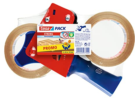 tesa Dispensador de Cintas de Embalaje y tesapack Fuerte en Set , 2 Cintas de para Embalajes con 1 Dispensador , Transparente , 66 m x 50 mm