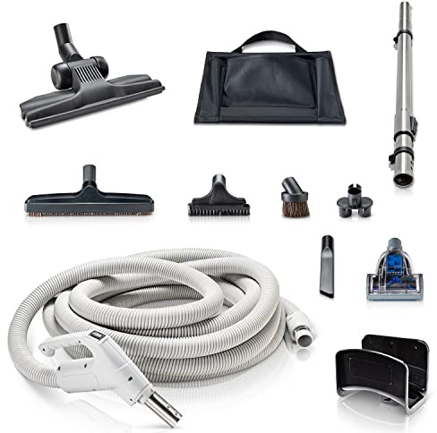 Prolux 30 ft Universal Central Vacuum Kit with Suction Driven Turbo Nozzles - Central Vacuum Hose for Versatile Cleaning on Surfaces - Convenient Central Vac Tools for Upholstery, Stairs & Hard Floors