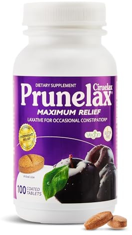 Prunelax Ciruelax Maximum Relief Laxative Tablets with Natural Senna for Occasional Constipation, Senna Extract, Vegan & Gluten-Free, Gentle Overnight Relief - 100ct
