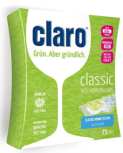 claro Classic Öko Geschirrspül-Tabs - 75 Spülmaschinen-Tabs - phosphatfrei, umweltfreundlich & vegan - wasserlösliche Folie