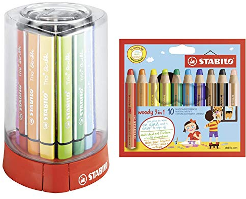 STABILO - Stifte-Set - Gefederter Dreikant-Filzstift - Trio Scribbi - Tischset und Buntstift, Wasserfarbe und Wachsmalkreide - woody 3 in 1