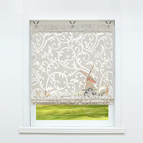 CORLIF Raffrollo ohne Bohren mit Hakenaufhängung Raffgardinen Ausbrenner Gardinen Halbtransparent Ösenrollo Vorhänge mit Blumen Sand BxH 60x130 cm 1 Stück