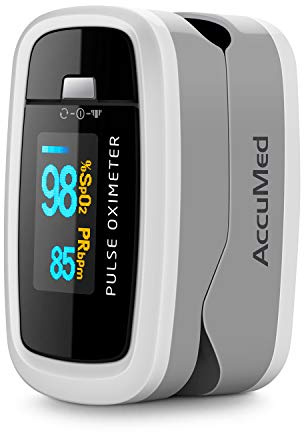 AccuMed CMS-50D1 Fingertip Pulse Oximeter Blood Oxygen Sensor SpO2 for Sports and Aviation. Portable and Lightweight with LED Display, 2 AAA Batteries, Lanyard and Travel Case (White)
