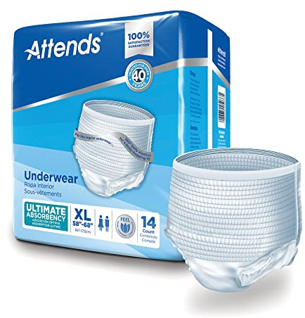 Attends Underwear for Adult Incontinence Care with quick-dry channels, Ultimate Absorbency, Unisex, X-Large, 14 count (x4)