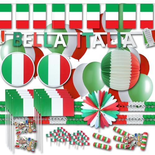 Italien Deko Set groß – Partydeko Italien Flagge mit Girlanden, Rosette, Fahnenkette, Luftballons, Lampion, Bella Italia Buchstabenkette, Tischdeko, Fähnchen & Luftschlangen