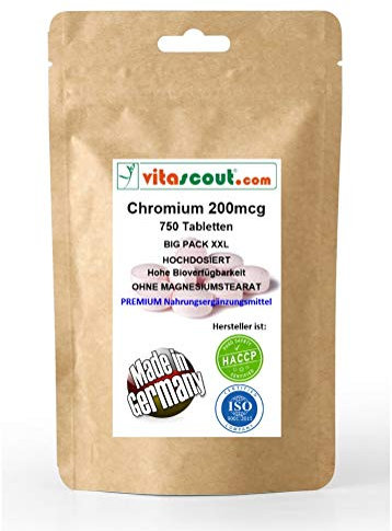 Chromium Picolinate 200mcg - 750 Tabletten - OHNE MAGNESIUMSTEARAT - MADE IN GERMANY