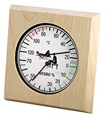 eliga Klimamesser schwarz-weiß 135 mm im hellen Holzrahmen 180 mm