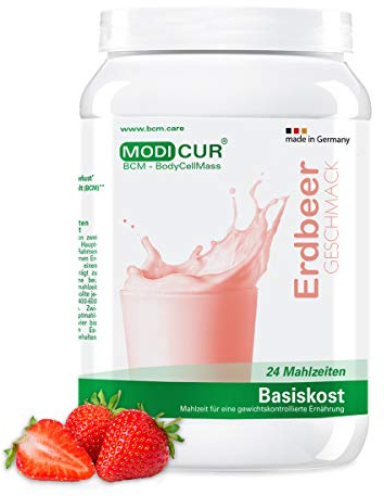 BCM Basiskost Erdbeer - Diät Shake - Das Original - 24 Portionen (500 g) - Modicur (Eiweiss – Protein - Low Carb Formula Diät zum Abnehmen – Mahlzeitenersatz)