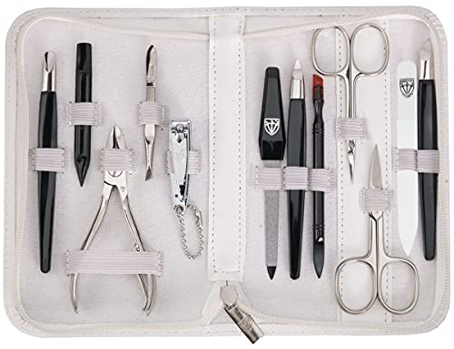 DREI SCHWERTER - 12-tlg. Nagel Set 'Palermo' | Hochwertiges Maniküre und Pediküre Reise-Etui-Set: Farbe: Kunst Leder Weiß| Inhalt: 12 Instrumente inkl. Nagelschere, Nagelknipser, Glasfeile etc.