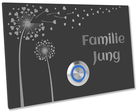 Jung Edelstahl Design Türklingel London 2 anthrazit RAL7016 pulverbeschichtet | Motiv Pusteblume Klingelschild 12 X 8 cm | Haustürklingel V2A Edelstahl LED Taster (blau)