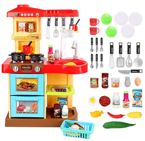 deAO Toddler Kitchen Playset My Little Chef With 30 Accessories Role Playing Game for Children (RED)