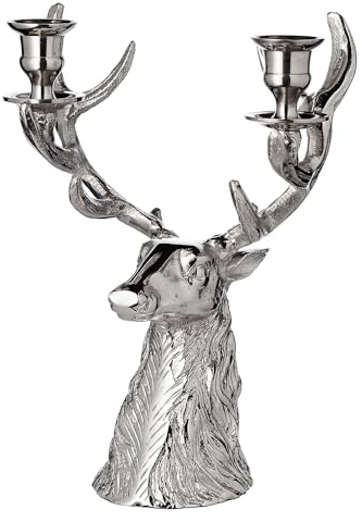 EDZARD Kerzenleuchter Hirsch (H 33 cm), Silber-Optik, für Stabkerzen | Kerzenhalter für Stabkerzen und Tafelkerzen Ø 2,2 cm · Hirschfigur mit Geweih · Tischleuchter für Esstisch und Kamin