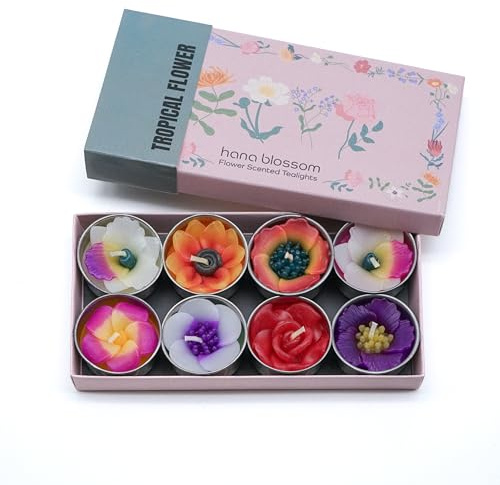 Hana Blossom Handmade Fairtrade Fiori Profumati di Tealight Fiori in Design Assortiti e Colori Set Regalo, Set da 8