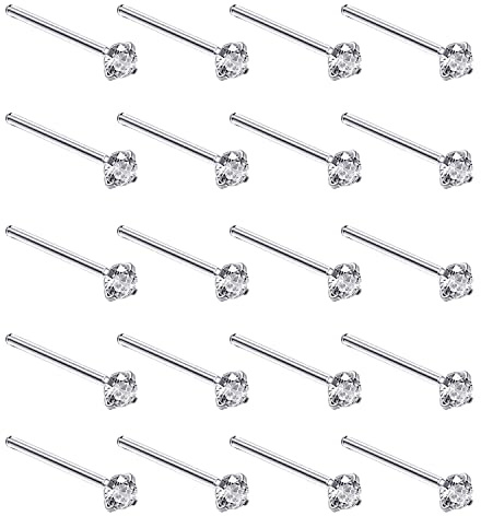 Silver Set of 20 Round Clear Simulated Diamond Nose Stud Box 1.5 mm Straight