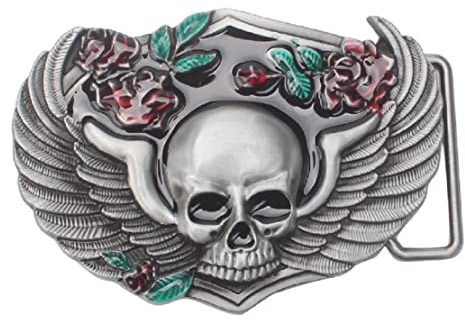 Longcreek Gürtelschnalle Totenkopf für Männer Gürtelschnalle Wikinger Totenkopf Flügel Gürtelschnalle Totenkopf Gothic Totenkopf Gürtelschnalle Gürtelschnalle Totenkopf Rosa Blumen, Silber, NO
