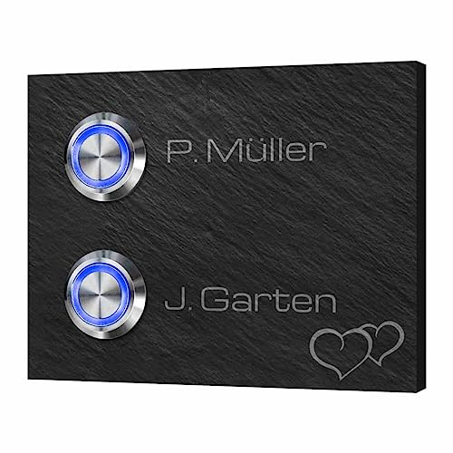 Türklingel Schiefer 2 Fach Doppel Klingel mit Gravur freier Motivauswahl und LED Klingelknopf - Modell Twin ab 9x7 cm | Mehr-Familien-Haus Klingelschild