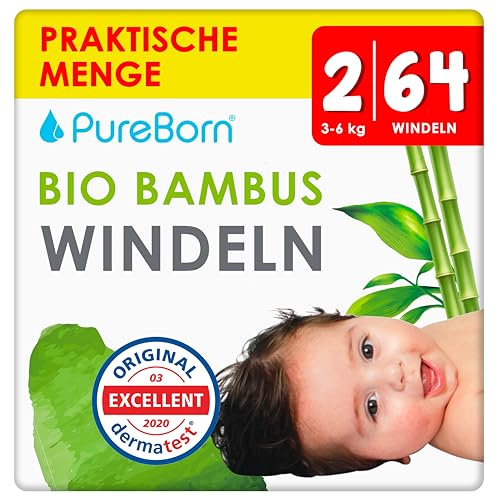PureBorn Ekologiska Blöjor av Bambu, Storlek 2 (3-6 kg), 64 stycken, Allergivänliga, Ultramjuk, Våtindikator, Olika Tryck