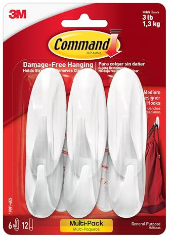 Command Medium Designer Hooks, 6 Hooks and 12 Strips, Damage-Free Hanging Wall Hook with Adhesive Strips, No Tools Great for Hanging, Organization and Storage, Holds up to 3 lb