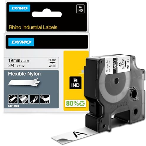 DYMO Rhino Industrial Flexible Nylon Labels, 3/4 x 11.5', Black Print on White Tape