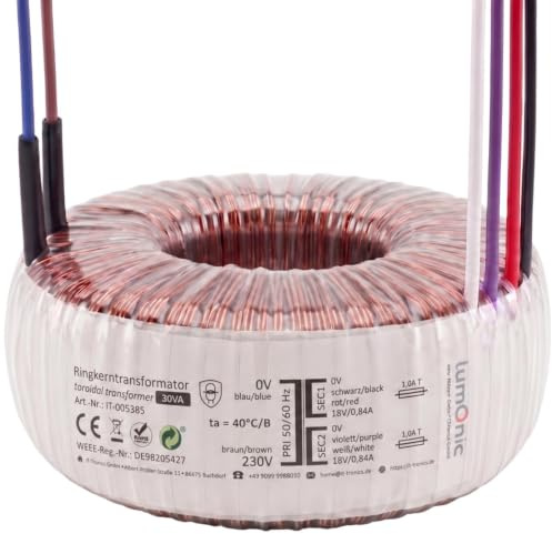 Lumonic transformador toroidal 30VA 2x18V para sistemas de audio, industriales, halógenos y carriles - tensión de entrada 230V - tensión secundaria 36V - modelo RSO-826010