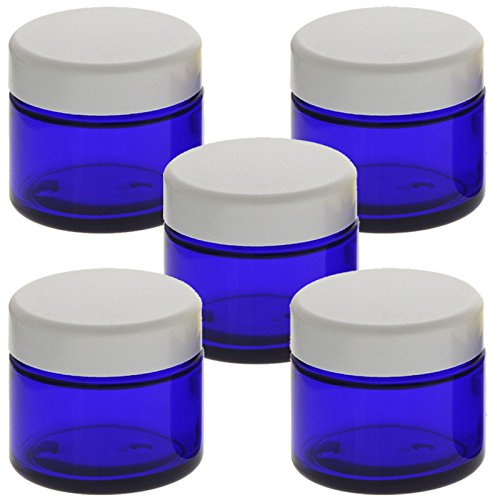 Blau Glas-Tiegel 50ml mit Deckel Weiß, Leere Kosmetex Glas Creme-Dose, Kosmetik-Dose aus Blauglas, Blau - Weiß, 5 Stück